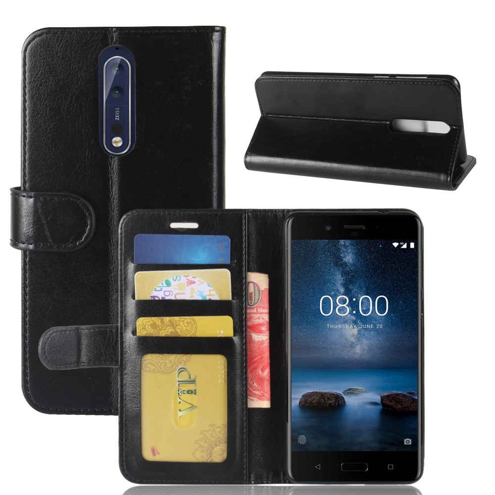 Crazy Horse PU Leather Wallet Mobile Phone Shell for Nokia 8 - Black-1