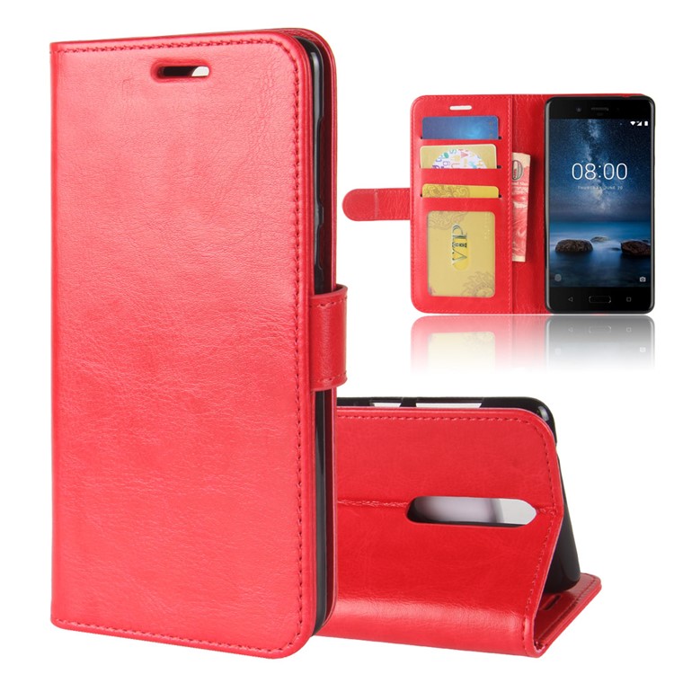Crazy Horse PU Leather Wallet Stand Phone Cover for Nokia 8 - Red-8