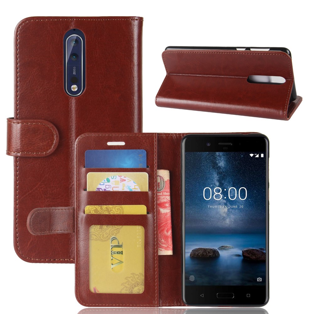 Crazy Horse Card Holder Leather Flip Stand Cover Shell for Nokia 8 - Brown-1