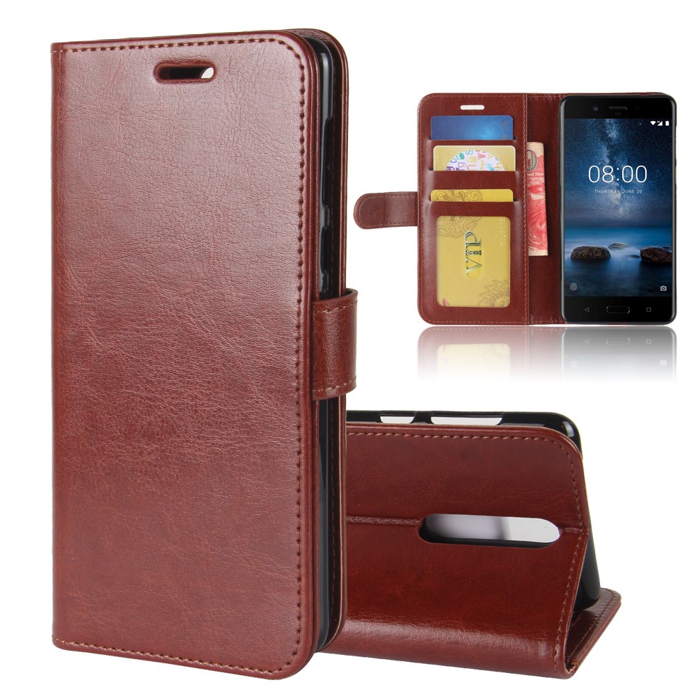 Crazy Horse Card Holder Leather Flip Stand Cover Shell for Nokia 8 - Brown-8