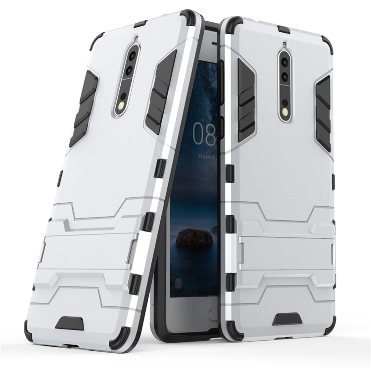 Cool Guard Plastic TPU Cell Phone Back Case with Kickstand for Nokia 8 - Silver-1