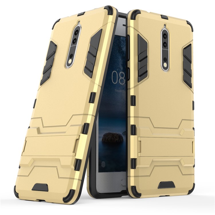 For Nokia 8 Cool Guard Plastic TPU Mobile Shell with Kickstand - Gold-1