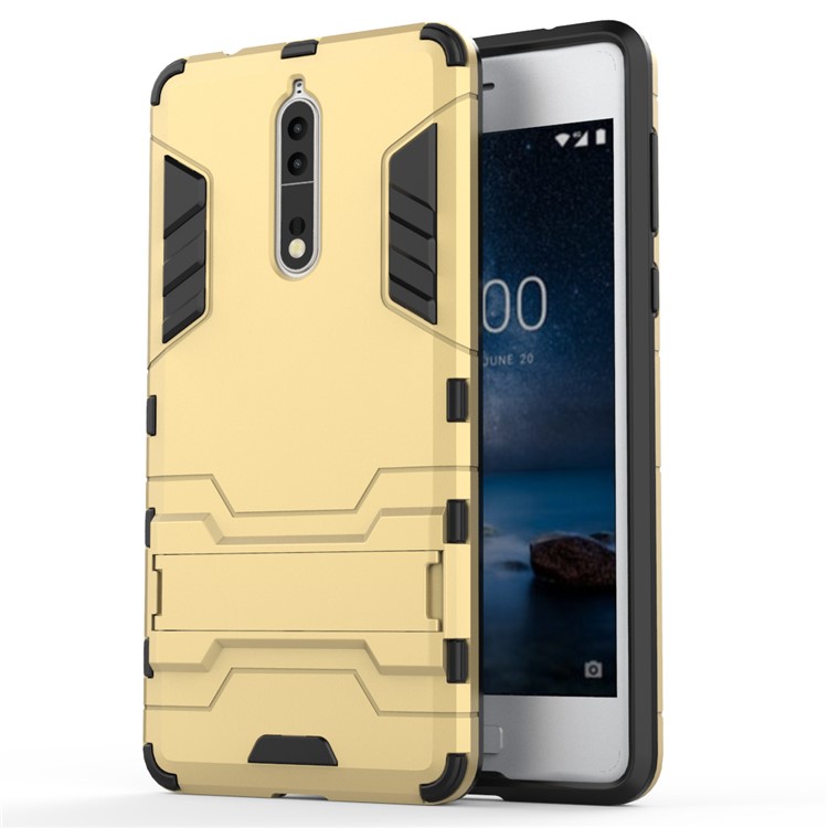 For Nokia 8 Cool Guard Plastic TPU Mobile Shell with Kickstand - Gold-2