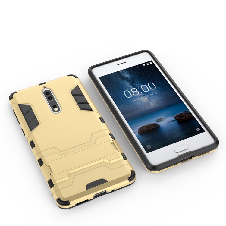 For Nokia 8 Cool Guard Plastic TPU Mobile Shell with Kickstand - Gold-5