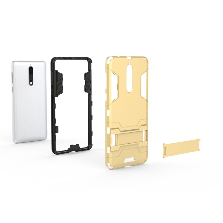 For Nokia 8 Cool Guard Plastic TPU Mobile Shell with Kickstand - Gold-7