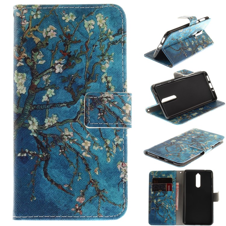 Printing Pattern Folio Flip Leather Mobile Cover for Nokia 8 - Almond Tree in Blossom-1