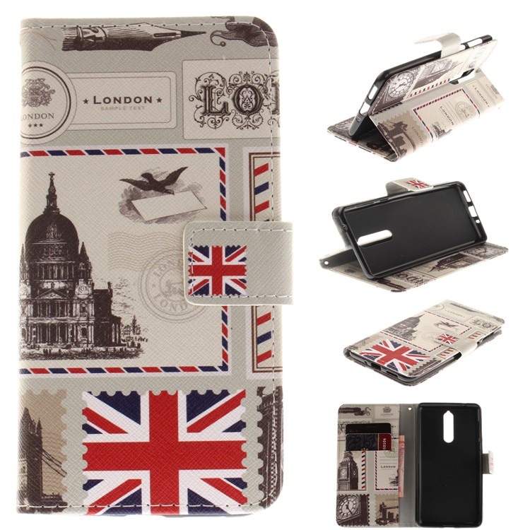 Pattern Printing Wallet Stand Leather Protective Mobile Phone Casing with Magnet for Nokia 8 - London-1