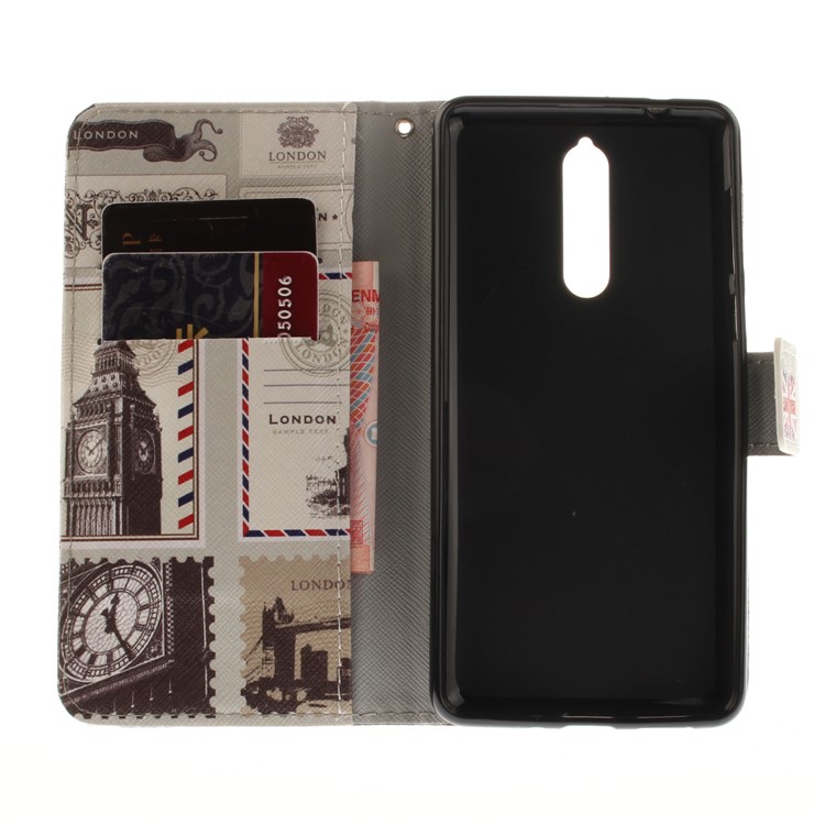 Pattern Printing Wallet Stand Leather Protective Mobile Phone Casing with Magnet for Nokia 8 - London-9