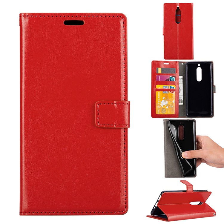 Crazy Horse Wallet Leather Magnetic Case for Nokia 5 - Red-1