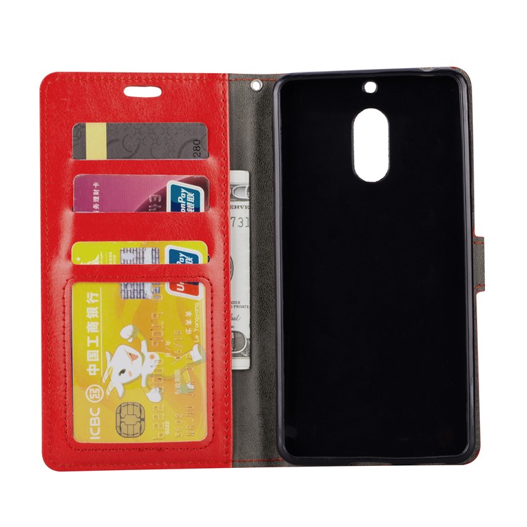 Crazy Horse Magnetic Stand Wallet Leather Cell Phone Shell for Nokia 6 - Red-5