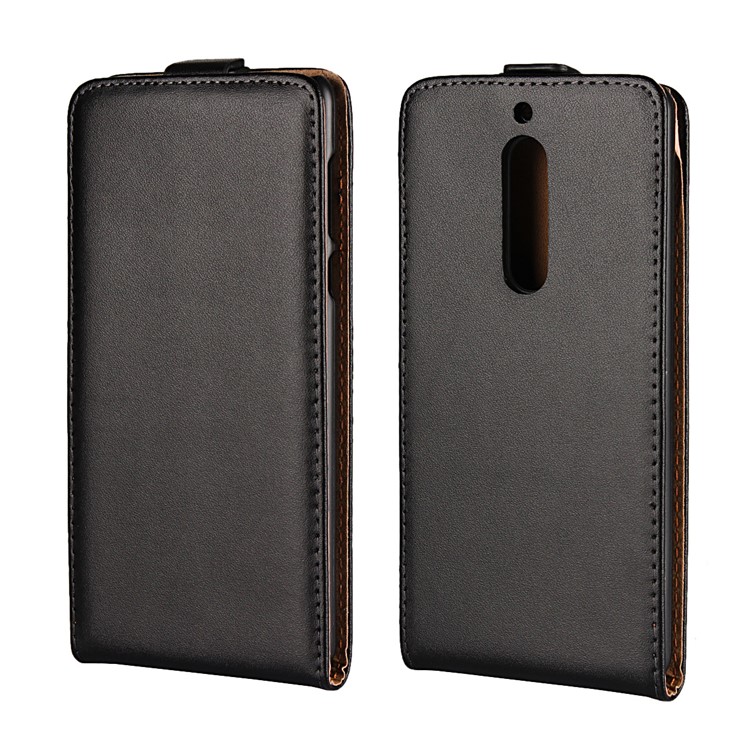 Genuine Split Leather Vertical Flip Mobile Phone Case for Nokia 5 - Black-1