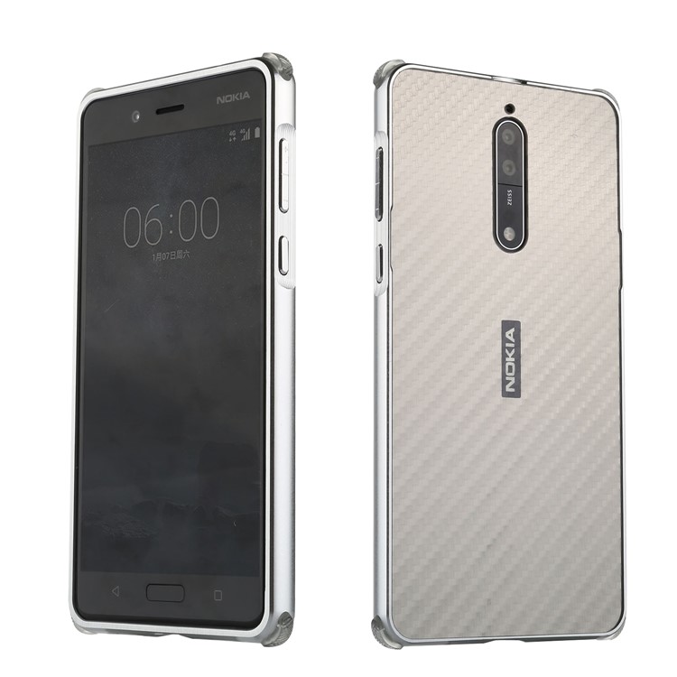 Slide-on Carbon Fiber Plating Hybrid Back Case for Nokia 8 (Metal + TPU) - Silver-1