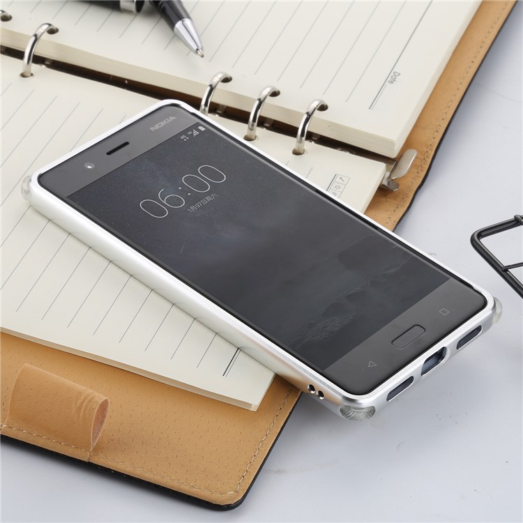 Slide-on Carbon Fiber Plating Hybrid Back Case for Nokia 8 (Metal + TPU) - Silver-3