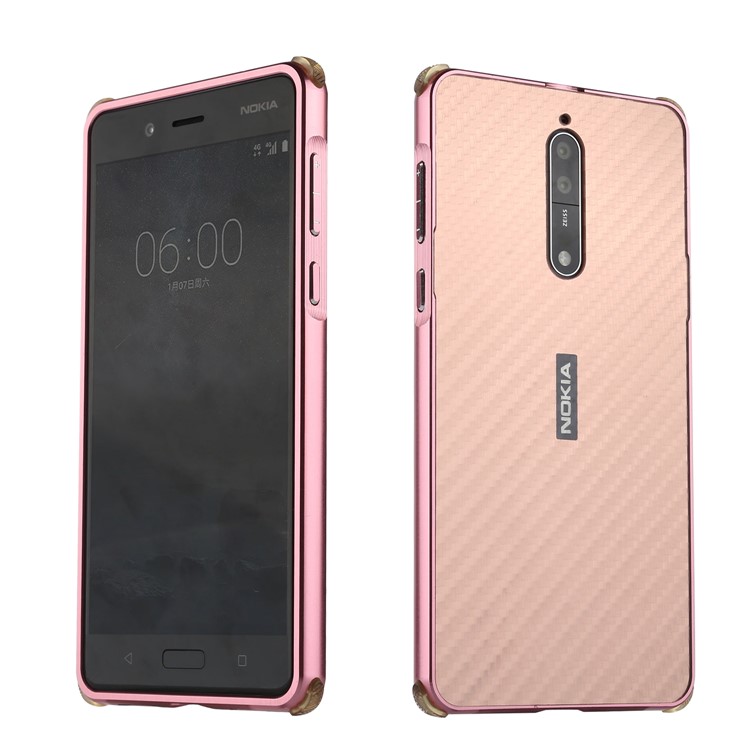 Slide-on Carbon Fiber Plating Hybrid Mobile Cover for Nokia 8 (Metal + TPU) - Rose Gold-1