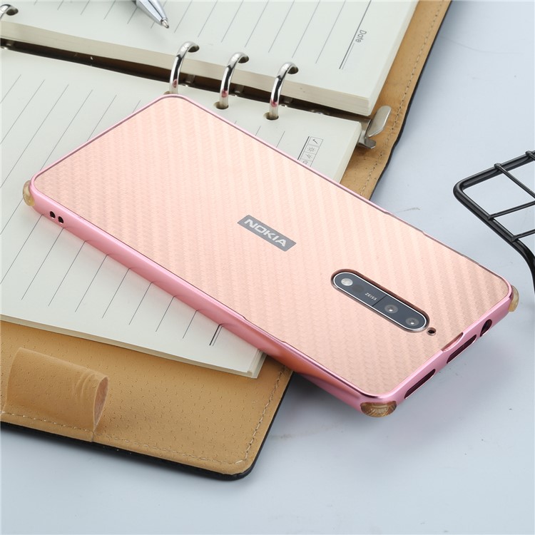 Slide-on Carbon Fiber Plating Hybrid Mobile Cover for Nokia 8 (Metal + TPU) - Rose Gold-2