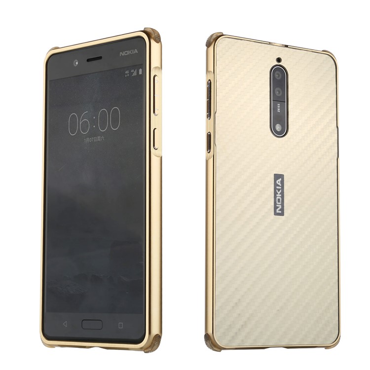 Slide-on Carbon Fiber Plating Hybrid Phone Shell for Nokia 8 (Metal + TPU) - Gold-1