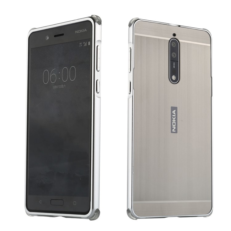 Slide-on Brushed Plating Hybird Back Case for Nokia 8 (Metal + TPU) - Silver-1