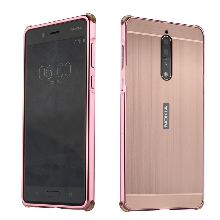 Slide-on Brushed Plating Hybird Mobile Case for Nokia 8 (Metal + TPU) - Rose Gold-1