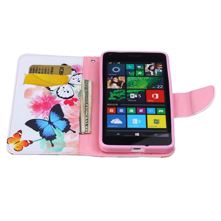 Patterned Leather Wallet Phone Cover for Microsoft Lumia 640 Dual SIM / 640 LTE - Butterflies with Flowers-4
