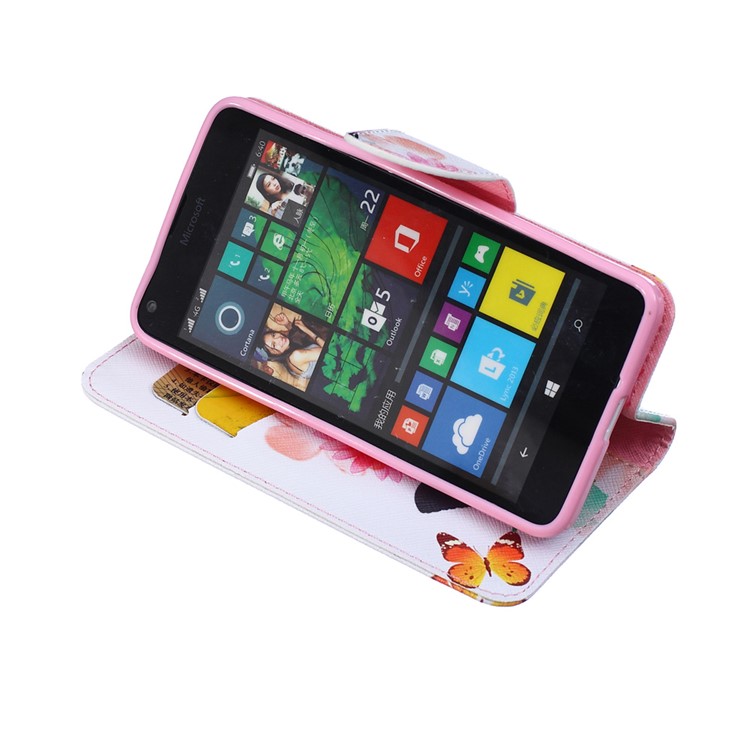 Patterned Leather Wallet Phone Cover for Microsoft Lumia 640 Dual SIM / 640 LTE - Butterflies with Flowers-5