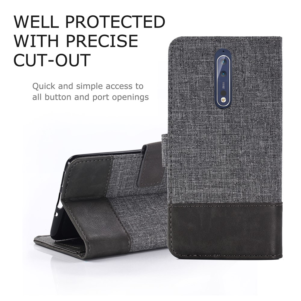 MUXMA Splicing PU Leather Canvas Wallet Phone Case for Nokia 8 - Grey-2