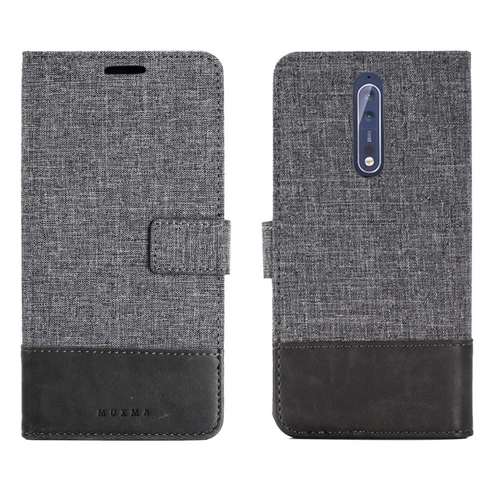 MUXMA Splicing PU Leather Canvas Wallet Phone Case for Nokia 8 - Grey-4