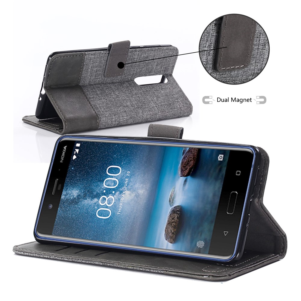 MUXMA Splicing PU Leather Canvas Wallet Phone Case for Nokia 8 - Grey-5