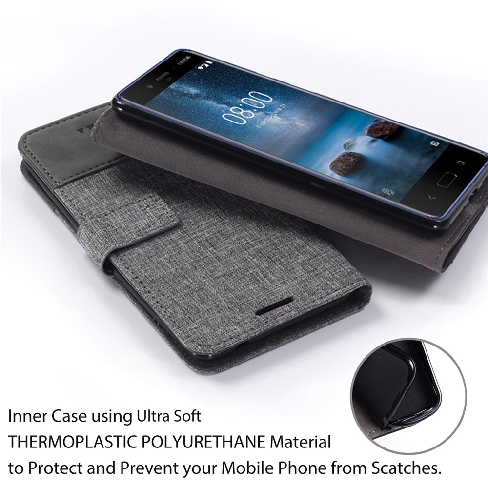 MUXMA Splicing PU Leather Canvas Wallet Phone Case for Nokia 8 - Grey-9