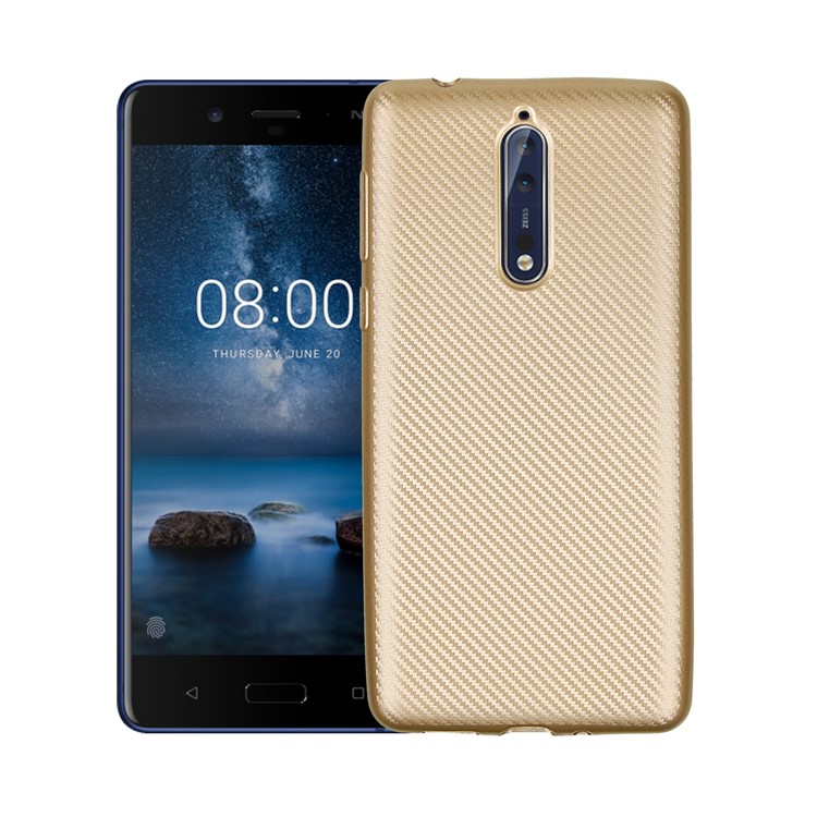 For Nokia 8 Carbon Fiber Texture Soft TPU Protective Case Shell - Gold-1