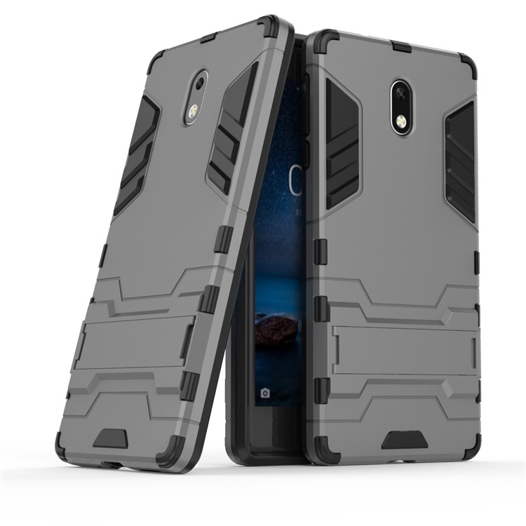 Shockproof PC + TPU Hybrid Kickstand Phone Shell for Nokia 3 - Grey-1