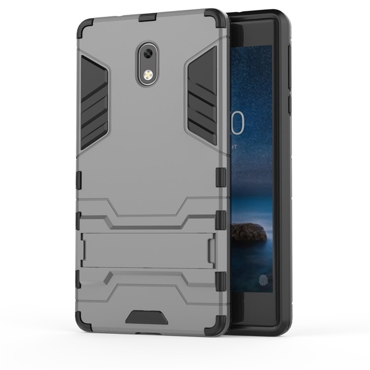 Shockproof PC + TPU Hybrid Kickstand Phone Shell for Nokia 3 - Grey-2