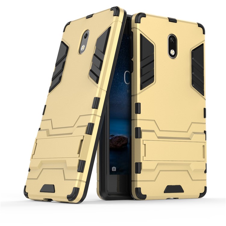 Shockproof PC + TPU Hybrid Kickstand Mobile Phone Case for Nokia 3 - Gold-1