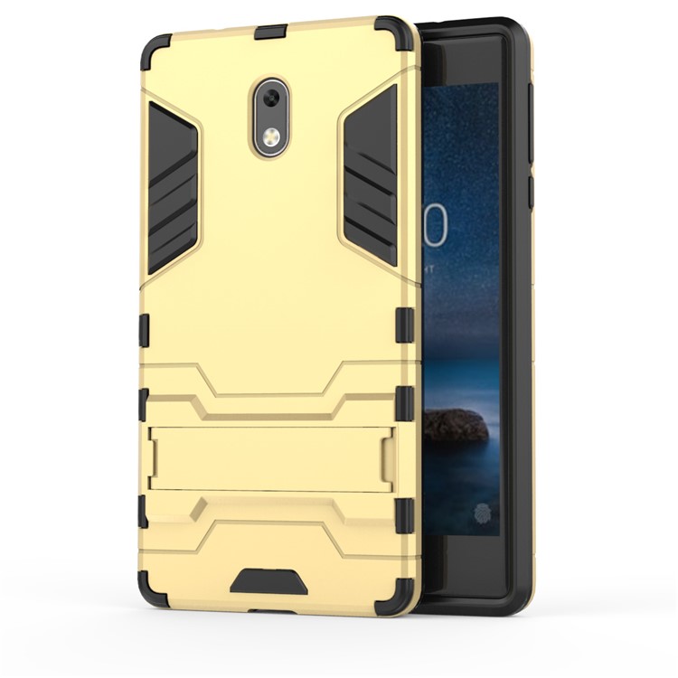 Shockproof PC + TPU Hybrid Kickstand Mobile Phone Case for Nokia 3 - Gold-2