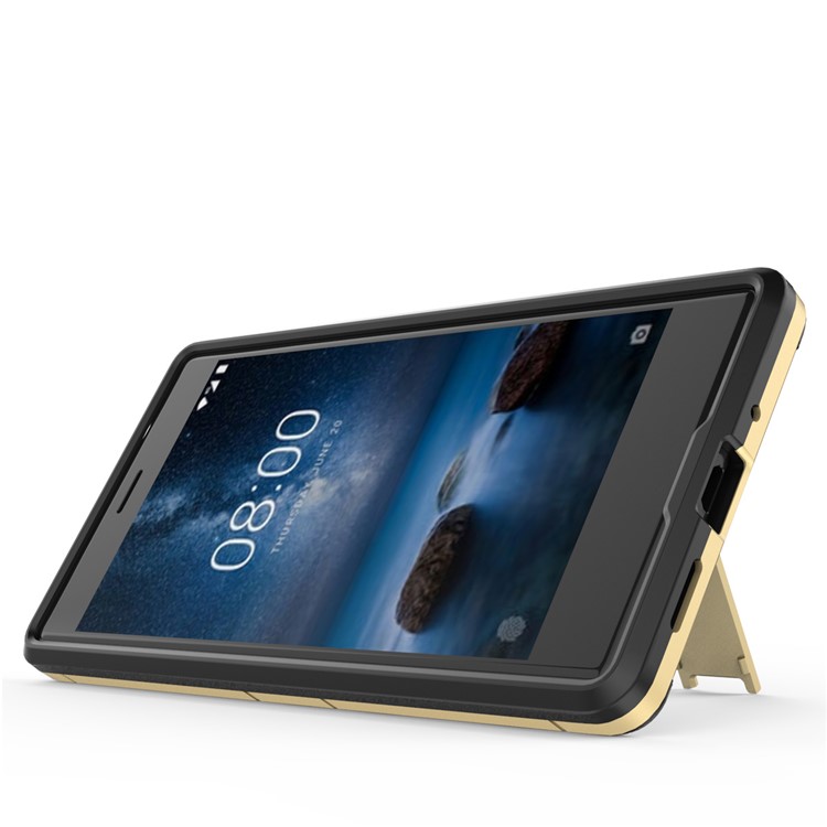 Shockproof PC + TPU Hybrid Kickstand Mobile Phone Case for Nokia 3 - Gold-4