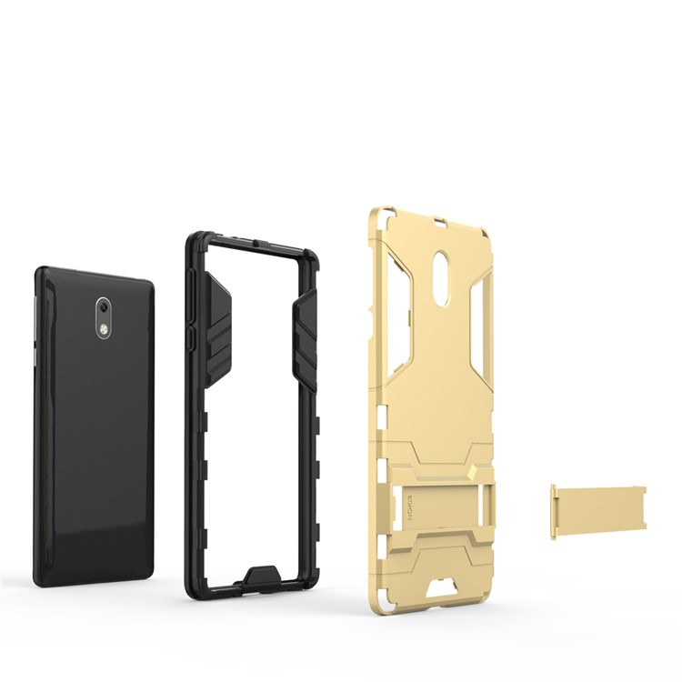 Shockproof PC + TPU Hybrid Kickstand Mobile Phone Case for Nokia 3 - Gold-6