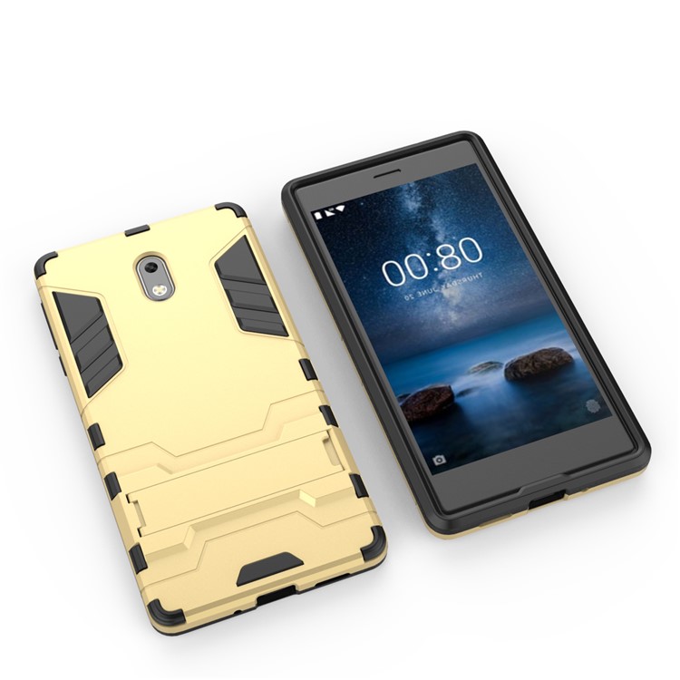 Shockproof PC + TPU Hybrid Kickstand Mobile Phone Case for Nokia 3 - Gold-7
