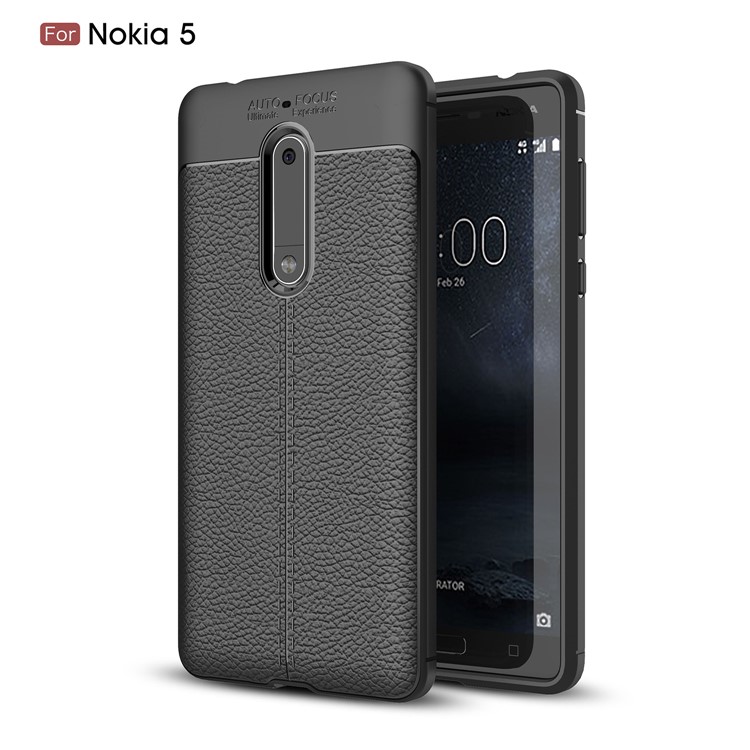 Litchi Skin PU Leather Coated TPU Casing for Nokia 5 - Black-1