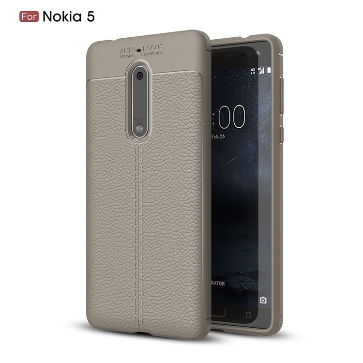 Litchi Skin PU Leather Coated TPU Case for Nokia 5 - Grey-1
