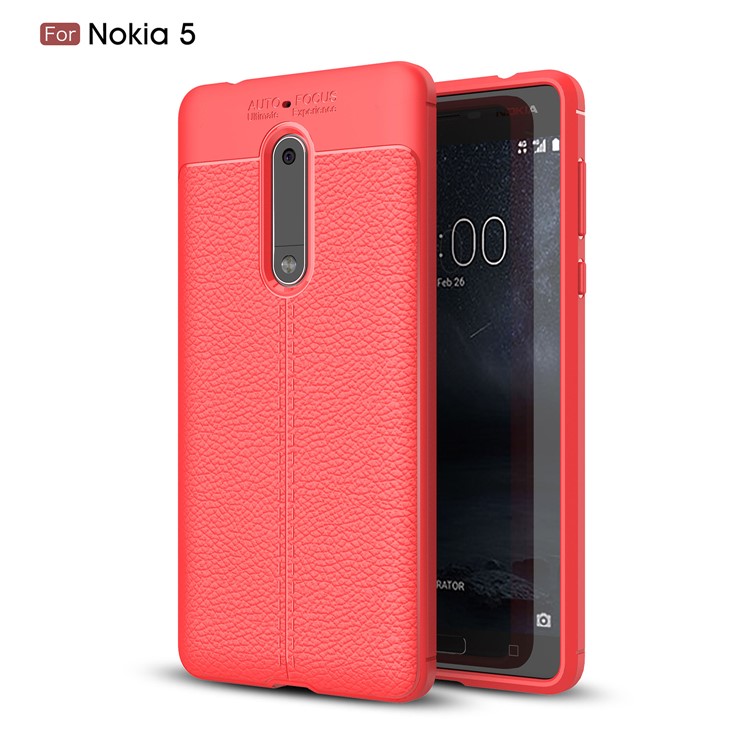 Litchi Skin PU Leather Coated TPU Cover for Nokia 5 - Red-1