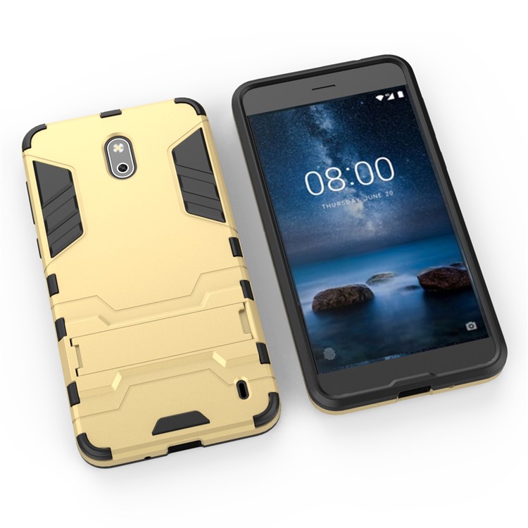 Cool Guard PC TPU Hybrid Phone Cover with Kickstand for Nokia 2 - Gold-7