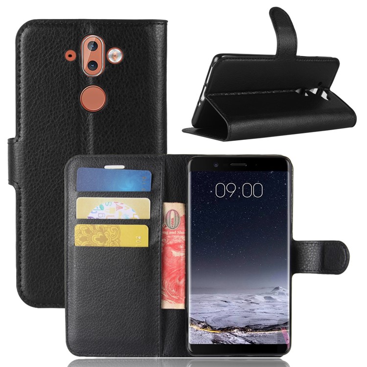For Nokia 9 Litchi Texture Leather Wallet Stand Case - Black-1