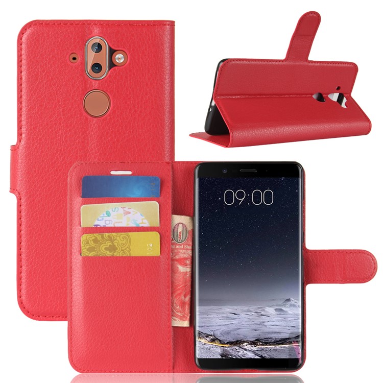 For Nokia 9 / 8 Sirocco Litchi Texture Leather Wallet Stand Shell - Red-1