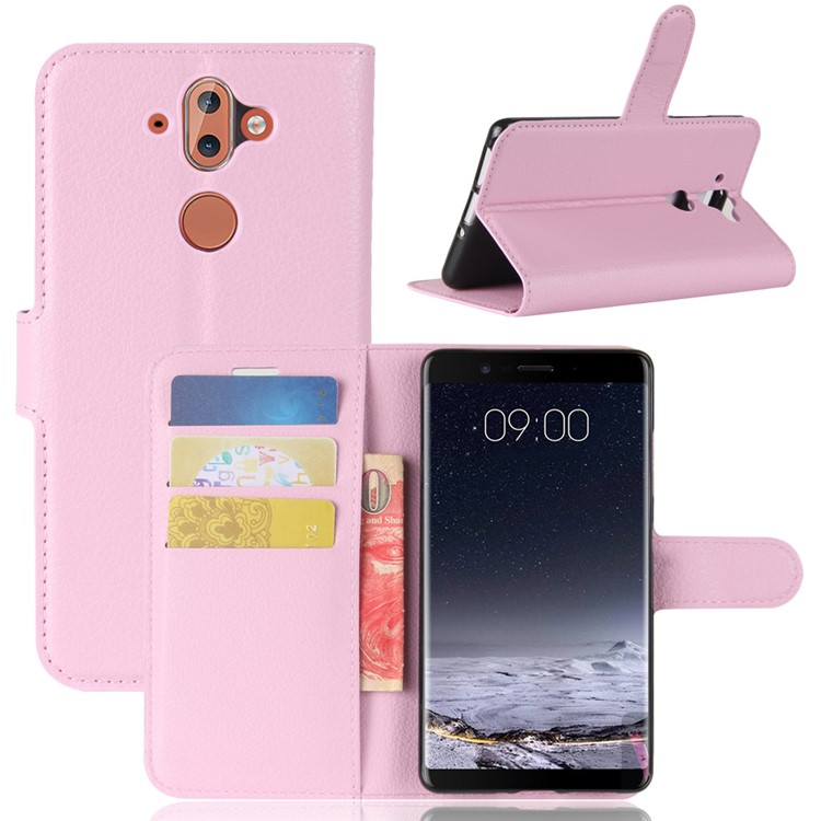 For Nokia 9 / 8 Sirocco Litchi Skin Flip Leather Wallet Stand Phone Cover - Pink-1