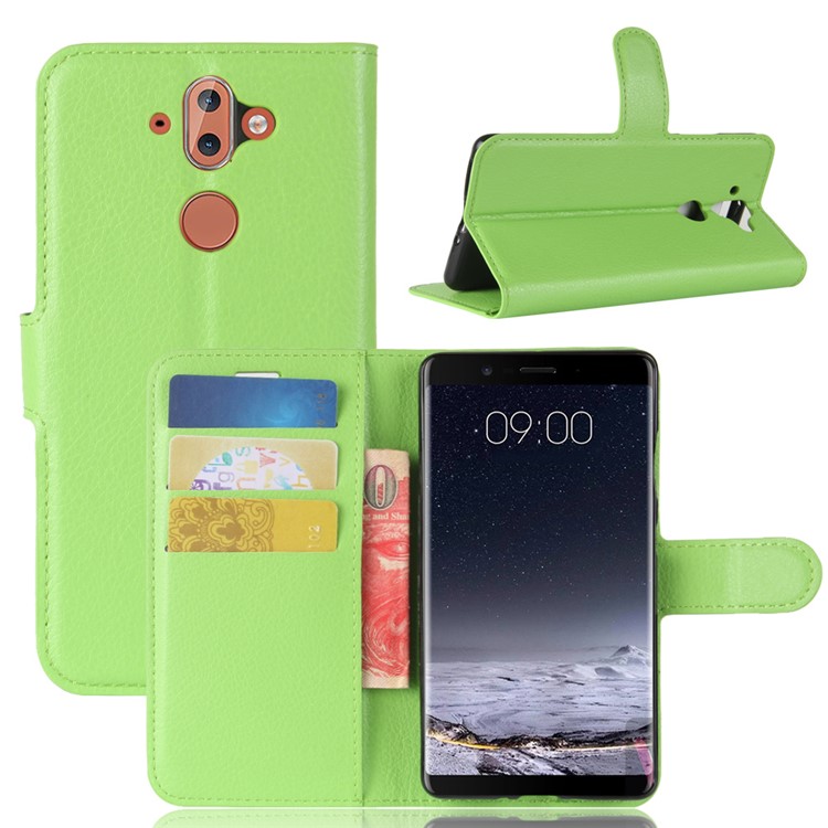 Litchi Texture Card Holder Leather Stand Case for Nokia 9 / 8 Sirocco - Green-1
