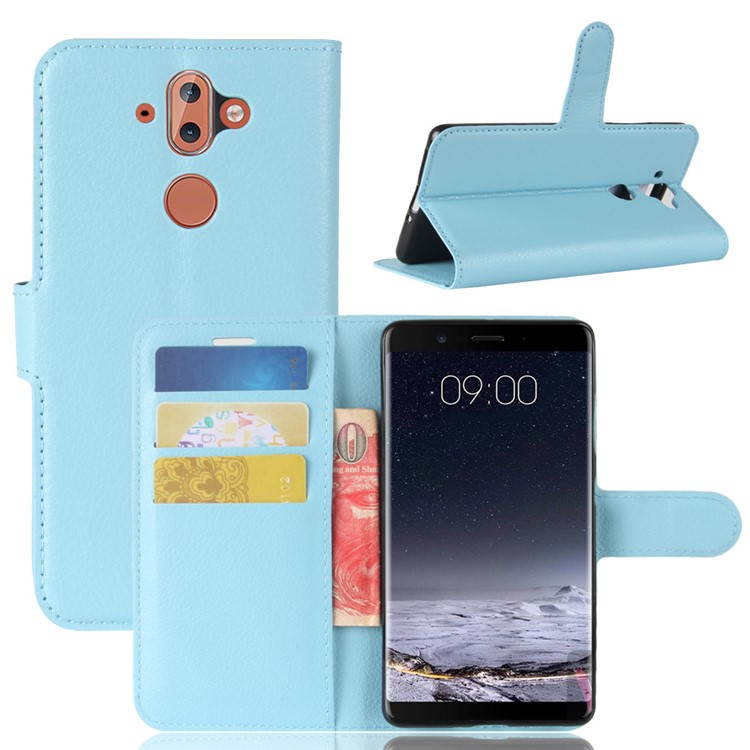 For Nokia 9 / 8 Sirocco Litchi Texture Wallet Stand Protective Leather Mobile Casing - Blue-1
