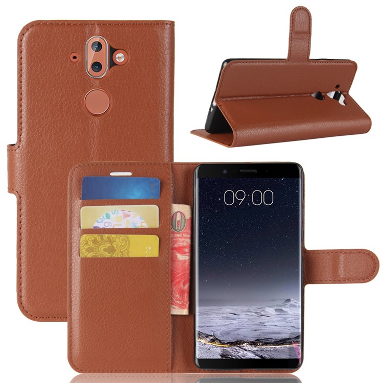 For Nokia 9 / 8 Sirocco Litchi Skin PU Leather Card Holder Stand Cellphone Cover - Brown-1