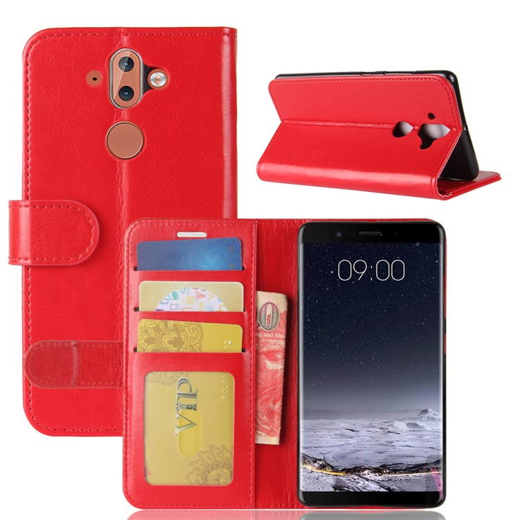 Crazy Horse Grain Leather Wallet Stand Mobile Phone Cover for Nokia 9 / 8 Sirocco - Red-2