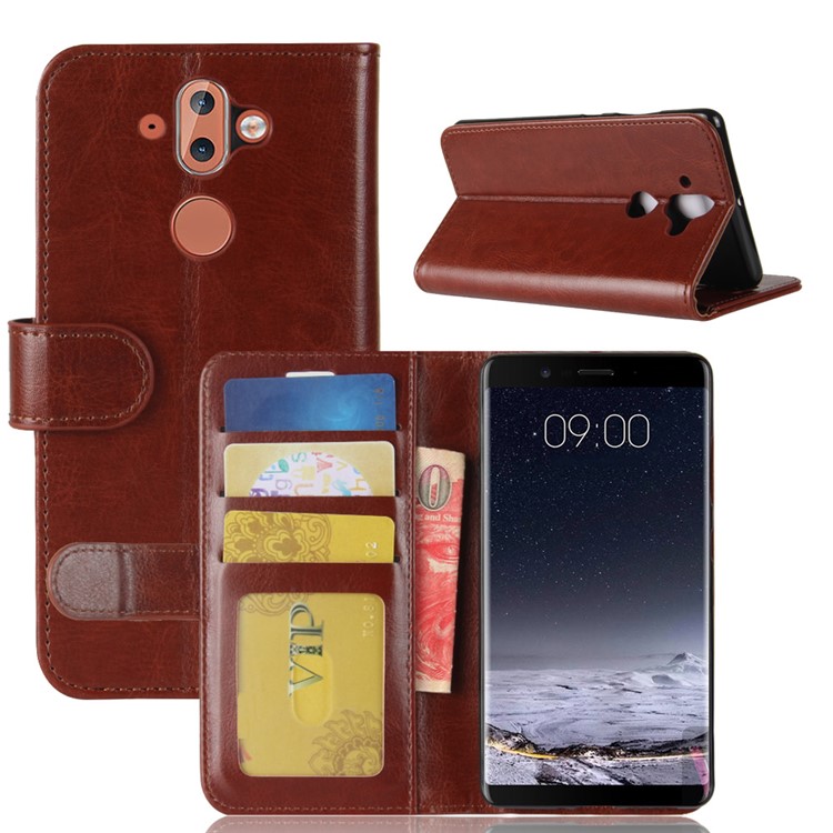Crazy Horse Texture Leather Wallet Stand Cover Case for Nokia 9 / 8 Sirocco - Brown-2