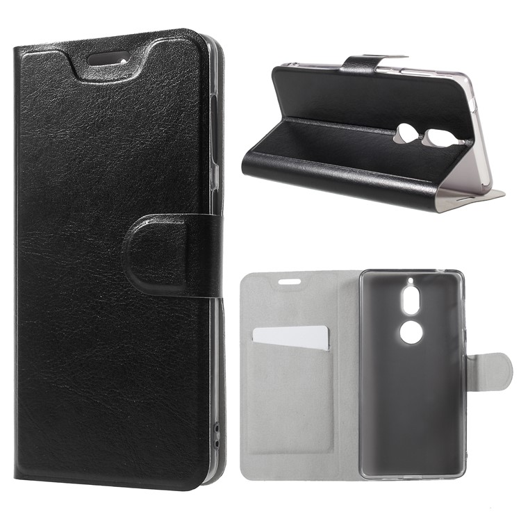 For Nokia 7 Crazy Horse Card Holder PU Leather Phone Case (Built-in Steel Sheet) - Black-1