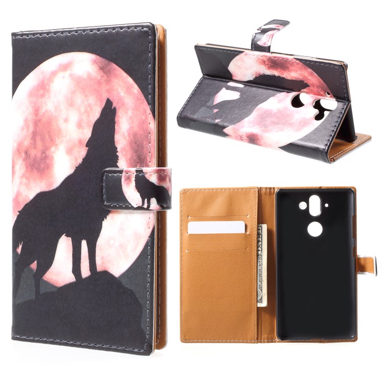 Pattern Printing Wallet Leather Cell Phone Case for Nokia 9 - Wolf Howling at the Moon-1